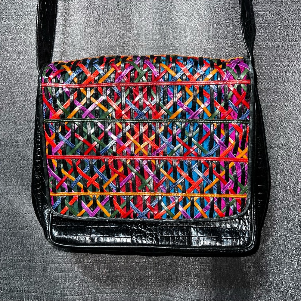 Sharif Vibrant Woven Crossbody Bag with Black Trim Vintage